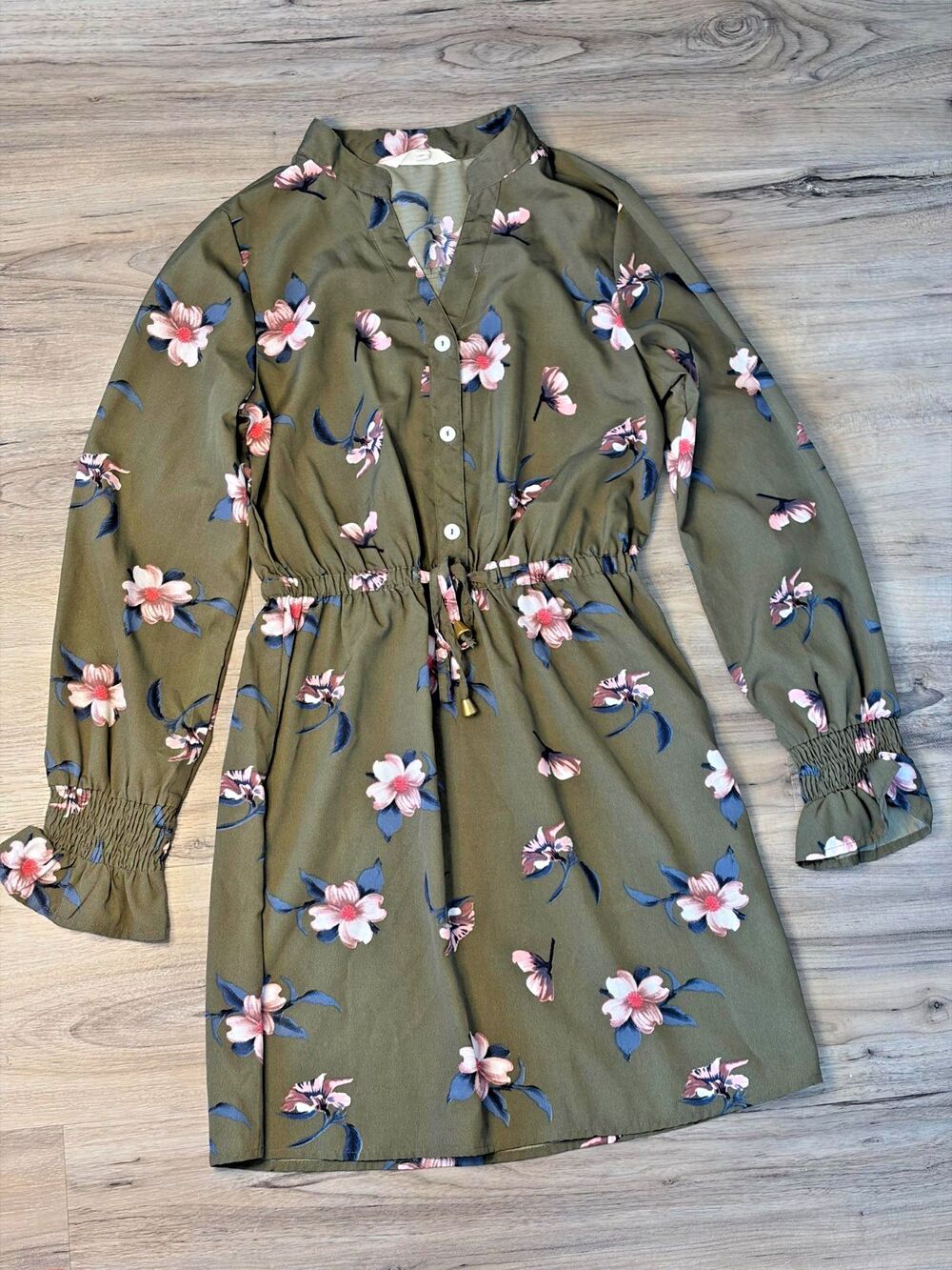 Indulge Green Floral Button-down Dress With Adjustable Belt Size Small S